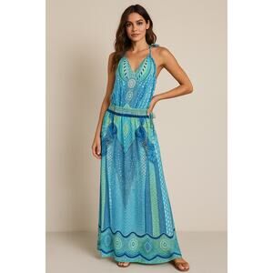 Hale‎ Bob XS Tall Blue Green Boho Maxi Dress Tie Neck Beach Vacation Resortwear
